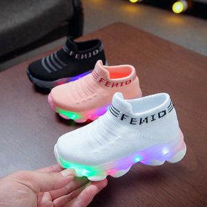 Kids Sneakers Letters Mesh Luminous Toddler Boy Luminous LED Light Sock Shoes for Girl Woven Breathable Casual Sports Run Shoes G1025