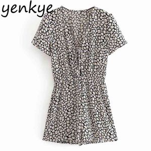 Vintage Floral Print Jumpsuit Mulheres Lace Up V Pescoço Manga Curta Praia Casual Verão Férias Romper Playsuit 210514