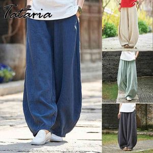 Harem Pant Hemp Bloomer Kobiety Spodnie Casual Luźny Spodnie Lato Bawełna Długość Calf Długość Oversize Kieszenie szerokiej nogi 210514