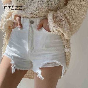 Hohe Taille Weiß Denim Shorts Frauen Sommer Mode Koreanische Streetwear Loch Jeans Kurze Hosen 210525