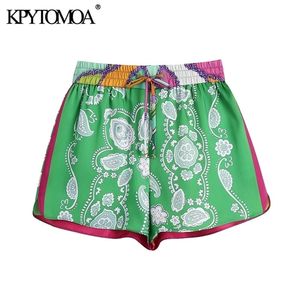 KPYTOMOA Frauen Chic Mode Patchwork Gedruckt Shorts Vintage Hohe Elastische Taille Mit Kordelzug Weibliche Kurze Hosen Mujer 210724