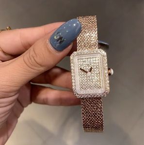 Klassische Marke Frauen Rechteck Uhr Freund voller Diamant Premiere Mesh Uhr weibliche Edelstahl Mini kleine Uhren
