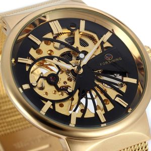 Armbandsur 3 ATM ForSining Factory Selling Mechanical Skeleton Custom Logo Gold Watch Water Resistant Mesh Band Men armbandsur