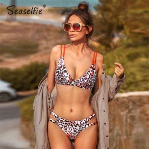 SEASELLIE SEXY ORANGE Leopard Strappy Bikinis Set Swimwear Frauen Badeanzüge Badeanzug Umkehrbare Bikini Beachwear 210712