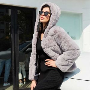 Moda Wysokiej Jakości Furry Faux Fur Coats and Women with Hooded Winter Elegant Grube Ciepłe Odzieżowiec Fałszywy Futerko 210927