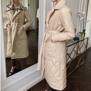 Longo casaco de inverno reto com rhombus padrão casual sashe parkas bolsos profundos colarinho personalizado outerwear 211007