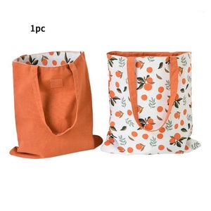 Förvaringspåsar Frukttryck Bomull Linen Bärbar Livsmedelsväska Dubbelsidig Hem Carrier Eco Friendly Travel Foldbar Shopping Tote