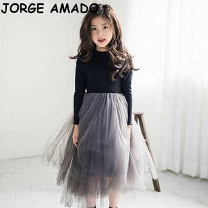 Sonbahar Kız Elbise Güz Siyah Gri Yumuşak Tül Uzun Kollu Prenses Çocuk Giysileri için E1926 210610