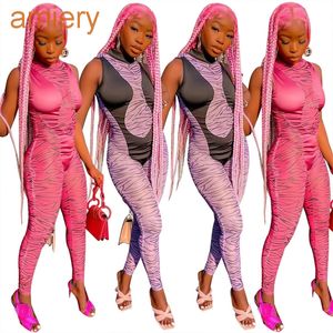Women Mesh Splicsuits Stipsuit Design Stand Neck Sleeveless Striping Stampa 2022 Spring Sexy Body