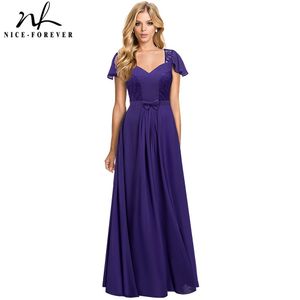 Nice-Forever Summer Women Elegante pizzo floreale abito viola Celebrity Party Maxi abito lungo svasato A024 210419