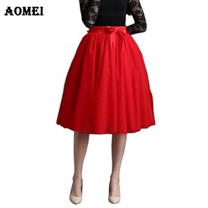 Kvinnor plus storlek mesh vår röd svart solid färg elastisk midja båge pläterad mode dragkedja kjol XXXL 4XL 5XL 210416