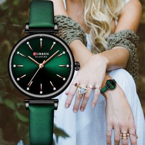 Curren New Green Zegarki Dla Kobiet Luksusowe Czarowne Rhinestone Dial Clock Ladies Leather Wristwatches Kobiet Relogios Feminino Q0524