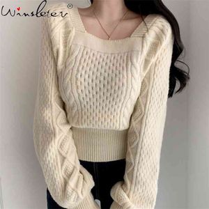 Vintage Knit Wear Sweater Women Square Collar Loose Short Tops Korean Japanese Style Pullover Jumper Winter Clothing T00710A 210421