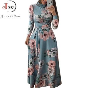 Mulheres Verão Vestido Longo Casual Manga Longa Boho Floral Impressão Maxi Vestido Turtleneck Bandagem Elegante Party Vestidos 220311