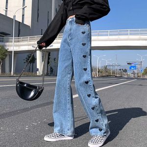Jeans Donna Plus Size 5XL Figura intera Vintage Blu Elegante Ricamo Pantaloni a gamba larga Donna BF Loose Streetwear Kpop Ulzzang 210604