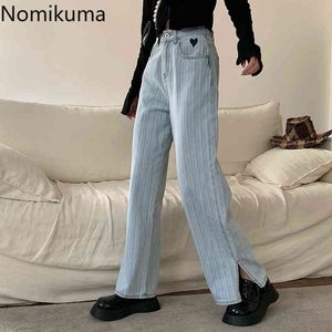 Nomikuma jeans mulheres calça coreano amor coração alta cintura longa calças causais divisão de demina larga calças pantalones de mujer 6h276 210427