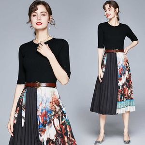 Ethnic Retro Print Pleated Dress Women Elegant Knitted Patchwork Midi Autumn Winter Long Sleeve Vintage Sashes 210529