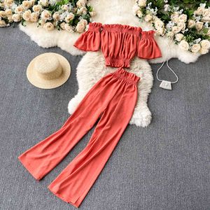 SINGREINY Women Summer Korean Fashion Set Sexy Slash Neck Short Sleeve Ruched Tops+High Waist Wide Leg Pants Two-piece Suits 210419