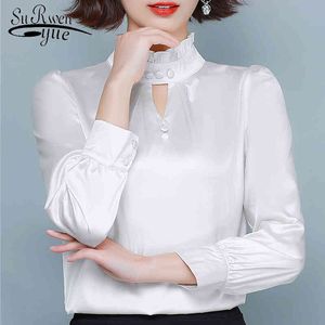Sólido Stand Mulheres Tops e Blusa roupas Estilo Moda Manga Longa Silk Solto Pluse Size Camisa Streetwear 8322 50 210521