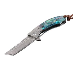 Ny 2 Style Damaskus Flipper Folding Kniv Damascus Steel Tanto Point Blade Knives med lädermantel