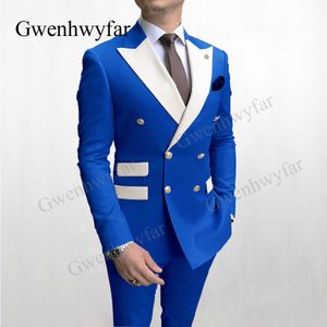 Gwenhwyfar Riyal Blue Men Garnitury Podwójne Pierśnione Złoto Przycisk Blazer Z Spodnie Przystojny Groom Najlepszy człowiek Groomsmen Smokingi X0909