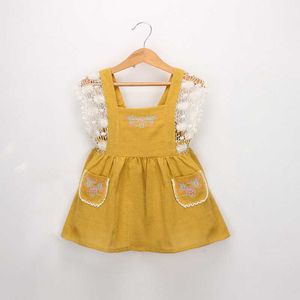 女の子刺繍レースヴィンテージサマーリネンサスペンダードレスホリデー子供服LT006 210610