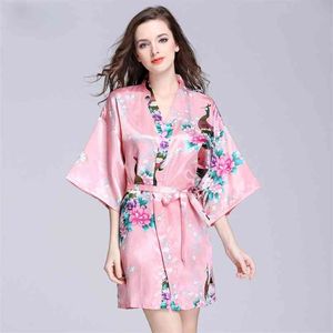 Silk Satin Wedding Bride Bridesmaid Robe Floral Bathrobe Short Kimono Night Bath Fashion Dressing Gown For Women 210607