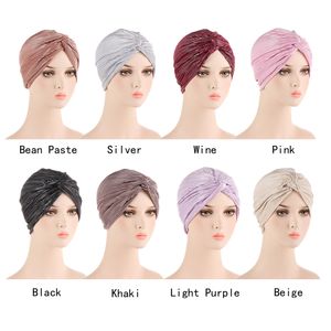 Twist Turban Caps Mulheres Nó Muçulmano Hijab Brilhante Geladeira Glitter Índico Chapéu Sólido Cor de Cabeça Capuz Capa De Cabelo