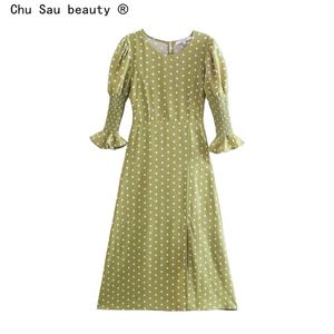 Summer Chic O-Neck Elastic Cuffs Polka Dot Lotus Leaf Sleeve Dress Split Retro Holiday Style Long Skirt Fashion 210508