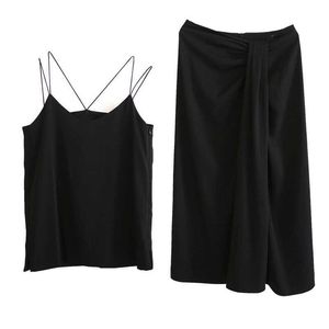 PERHAPS U Black Gray Solid V Neck Sleeveless Sling Backless Bag Hip Zipper Midi Skirt Split Two-piece Set Summer Korean T0173 210529