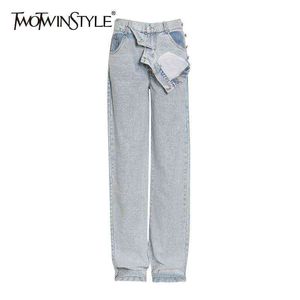 Twotwinstyle casual denim byxor för kvinnor hög midja ficka streetwear lösa brett ben jeans kvinnliga fall mode 211129