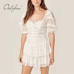 Mulheres Mulheres Mini Party Manga Curta Sexy Sundress Sundress White Lace Tunic Beach Vestido 210415