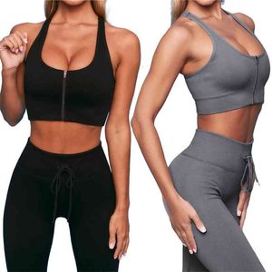 Women Gym Set Feamle Seamless 2PCS Two Piece Crop Top Zipper Bra Drawstring Leggings Sportsuit Workout Outfit Sport Wear Clothes 210802