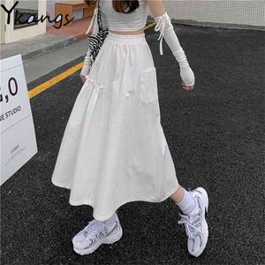 Black Gothic Irregular Pocket Cargo Pleated Skirt Women White Summer Harajuku Long Skirts For Girls Korean Punk High Waist 210421