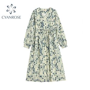 Verão Boho Estilo Vintage Elegante Flor Impressão Mulheres Manga Longa Vestido V Pescoço Solta Senhora Praia Sundress Ropa Mujer 210515