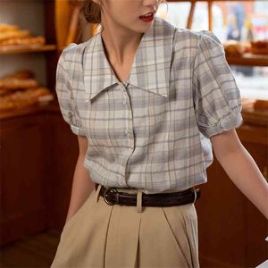 Plaid Shirt Women Summer Korean Style Bubble Short Sleeve Blouse Gentle Stylish Workwear Checked Tops Girl Plus Size 210601