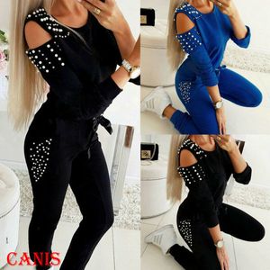 Kvinnors Sexiga Öppna Skulder Beading Blouse Toppar Sportbyxor Tracksuit Set Suit Y0625