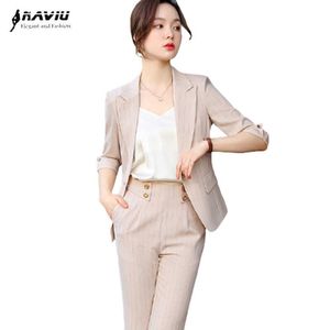 Business Suit Spring Summer Stripes Half Sleeve Temperament High End Blazer And Pants Office Ladies Work Clothes 210604