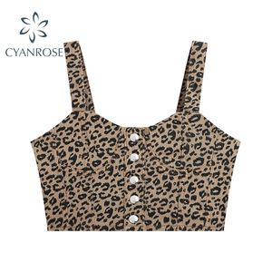Sommar Kvinnors Leopard Print Denim Top Sexig All-Match Party Clubwear Night Vest Kvinna E-Girl Bar Knappar Camisole 210515