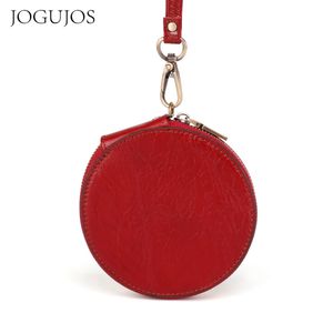 Wallet Unisex Genuine Leather JOGUJOS Women RFID Round Coin Purse Mini Holder Money bag Red Simple Wristlets Bags