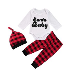 Nyfödda Baby Boys Christmas Outfits Santa Baby Romper Bodysuit Plaidbyxor Byxor Hatt 3st Kläder Set G1023