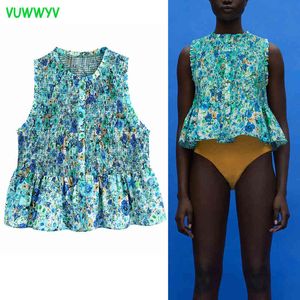 Vuwwyv kvinnor toppar grön blommig print ruffle crop topp kvinna sommar vintage knapp upp kvinnliga skjortor ärmlös ruched 210430