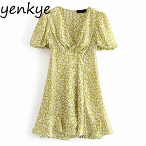 Wakacje Summer Women Floral Print Dress Kobieta Front Knot V Neck Krótki Rękaw Wysokowy Talia A-Line Mini Suknie Sweet Vestido 210514