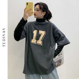 Yedinas Langarm Gefälschte Zweiteilige T-shirt Patchwork Harajuku T-shirt Koreanische Casual Rollkragen Frauen Top Tees T-shirt Übergroßen 210527