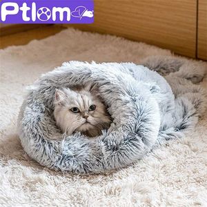 Inverno Lungo Peluche Pet Cat Letti Cuscino Rotondo Casa 2 In 1 Sacco Autoriscaldante Sacco a Pelo Accogliente Cestino Per Cani di piccola taglia 211006