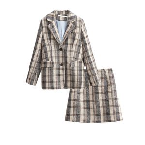 Women Khaki Tweed Button Jacket Mini Skirt Zipper Pencil 2 Two Pieces Set Elegant Plaid Winter Notch Collar T0039 210514