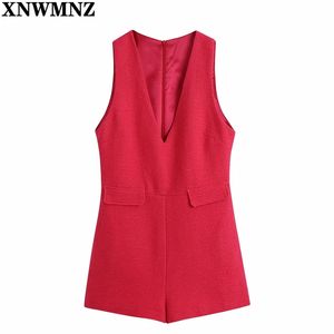 women Vintage V Neck Tweed Playsuits Female Casual Back Zipper Sleeveless Rompers Ladies Chic Jumpsuits 210520