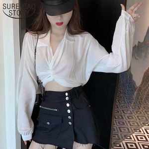 Sexy French Lapel Summer Navel Bandage All-match Trendy Fashion White Shirt Women Short Tops Long Sleeve Cotton Blouse 12048 210415