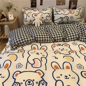 Barn sängkläder med täcke duvet täcke platt ark kudde cute kanin björn tryckta pojkar flickor singel full queen size linne 211007