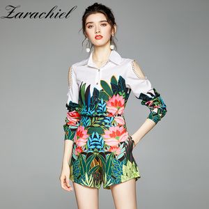 Herbst Runway Grün Tropical Jungle Anzug Frauen Sexy Off Schulter Aushöhlen Tier Blume Druck Hemd Top und Shorts Set 210416